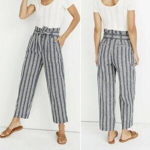 Madewell Linen Cotton Blend Paperbag Pants High Rise Blue Railroad Stripe Pant 4